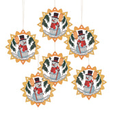 Hanging Ornament, Snowman with Broom in Ring, Colour Lasercut (Set of 6)